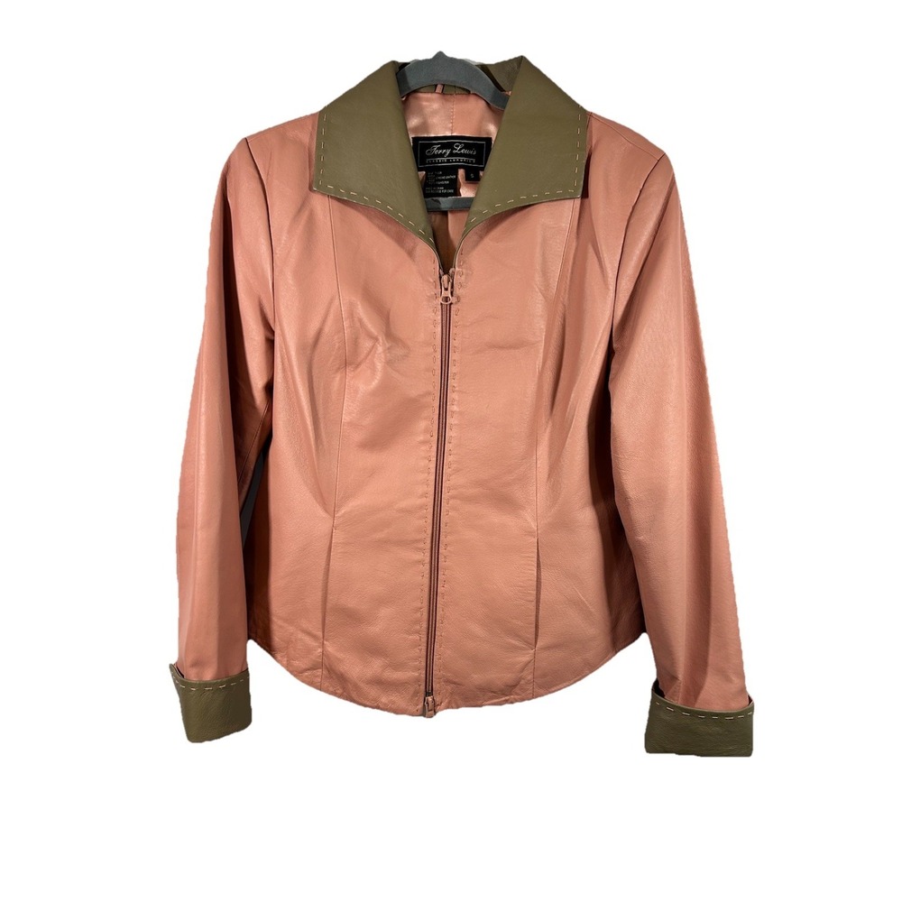 Terry Lewis Dusty Pink/ Tan Leather Jacket S Whipstitch Quiet Luxury Y2K Pastel